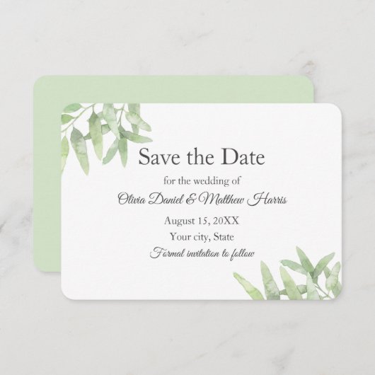 オリーブエレガントブランチ。シンプル結婚式の日付を保存 出欠カード (正面/裏面)