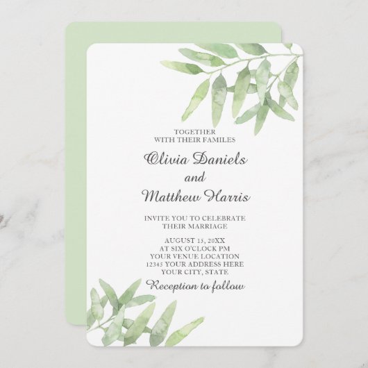 オリーブエレガントブランチ。植物性シンプル結婚 招待状 (正面/裏面)