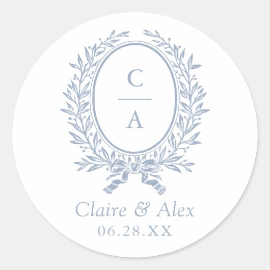 オリーブエレガントリーフクレストブルー結婚ズモノグラム ラウンドシール (正面)