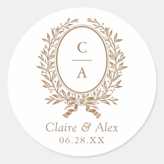 オリーブエレガントリーフクレスト金ゴールド結婚ズモノグラム ラウンドシール (正面)