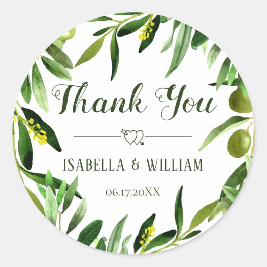 オリーブエレガントリーフボホ庭園の結婚式サンキュー ラウンドシール (正面)