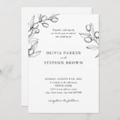 オリーブエレガント枝シンプル白黒結婚ズ 招待状 (正面/裏面)