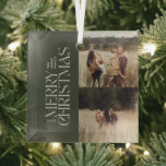 オリーブエレガント緑のモダンミニマル写真 ガラスオーナメント<br><div class="desc">写真エレガントオ数々のイミニマルブの緑の水色の植物性タイポグラフィメリークリスマスの休日のオーナメント。</div>