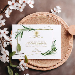 オリーブエレガント葉金ゴールド少年の最初の聖餐式 サンキューカード