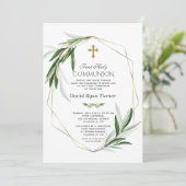 オリーブエレガント葉金ゴールド少年の最初の聖餐式 招待状 (スタンド正面)