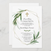 オリーブエレガント葉金ゴールド少年の最初の聖餐式 招待状 (正面/裏面)