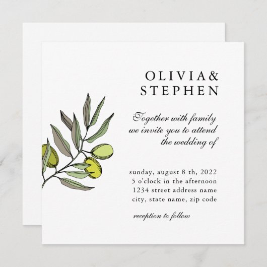 オリーブエレガント。伝統的結婚クラシック 招待状 (正面/裏面)