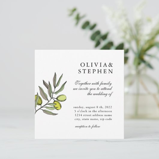 オリーブエレガント。伝統的結婚クラシック 招待状 (スタンド正面)
