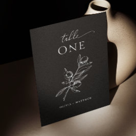 オリーブエレガント。繊細な黒イタリアン結婚の テーブルナンバー