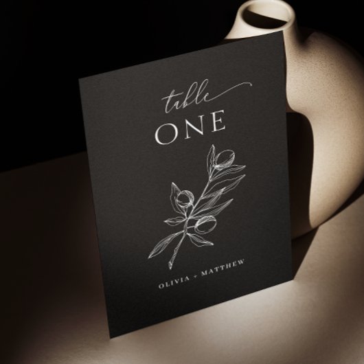 オリーブエレガント。繊細な黒イタリアン結婚の テーブルナンバー