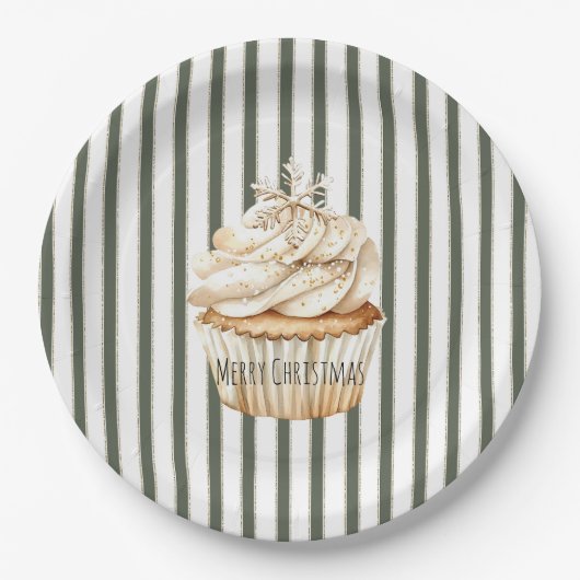 オリーブクリームストライプスノーフレークカップケーキクリスマス ペーパープレート (正面)