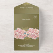 オリーブグリーンとコーラルピンクの花の結婚式 オールインワン招待状 (外側)