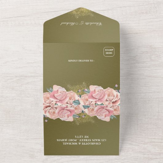 オリーブグリーンとコーラルピンクの花の結婚式 オールインワン招待状 (外側)