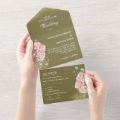 オリーブグリーンとコーラルピンクの花の結婚式 オールインワン招待状 (貼ってはがせる)