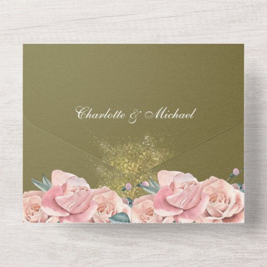 オリーブグリーンとコーラルピンクの花の結婚式 オールインワン招待状 (裏面)