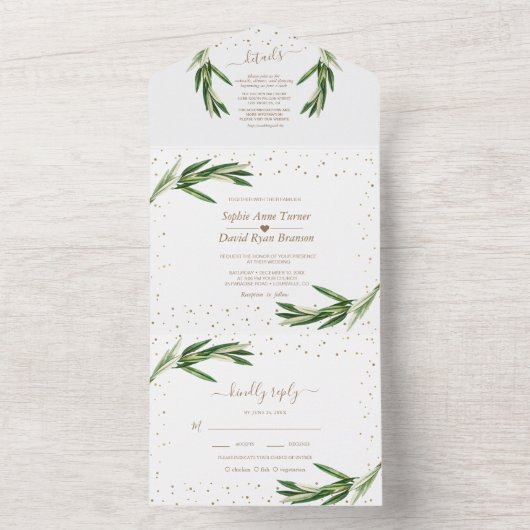 オリーブグリーンとゴールドの紙吹雪のモノグラム結婚式の招待状 オールインワン招待状 (内側)