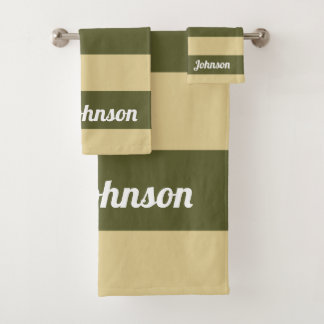 オリーブグリーンとタンストライプ バスタオルセット
