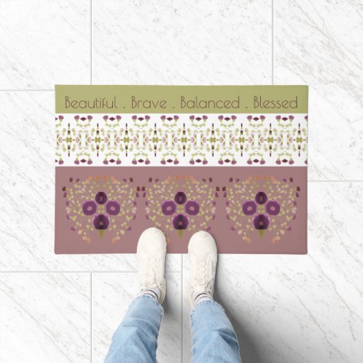 オリーブグリーンとバラ ドアマット (室内)