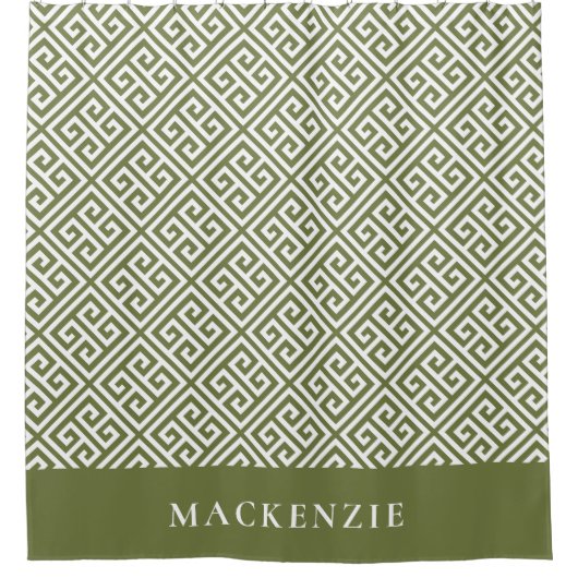 オリーブグリーンとホワイトのギリシャ鍵模様ネームモノグラム シャワーカーテン (正面)