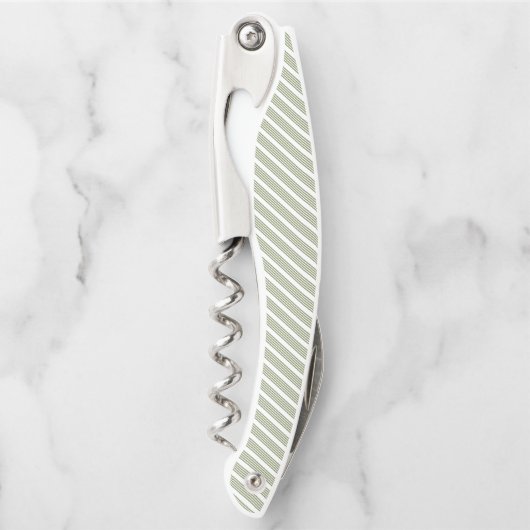 オリーブグリーンと白い5つのストライプパターン ソムリエナイフ (正面)