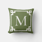 オリーブグリーンと白モノグラムのギリシャ鍵縁ど クッション (正面)