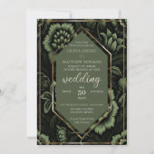 オリーブグリーンと金ゴールドフローラの詳細と結婚の 招待状 (正面)