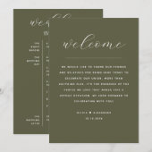 オリーブグリーンのウェディング ウィークエンド タイムライン & ウェルカム 招待状 (正面/裏面)