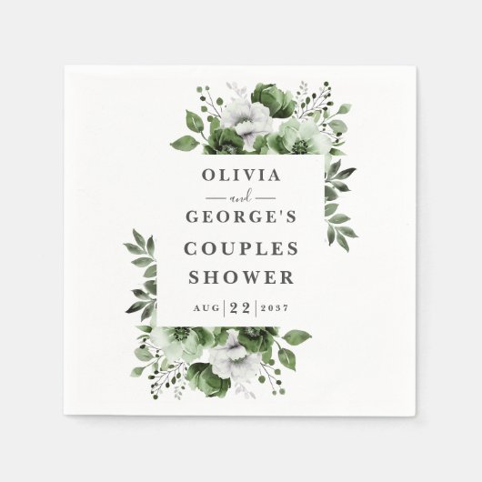オリーブグリーンのエレガントなカントリー フラワーのカップルシャワー スタンダードカクテルナプキン (正面)