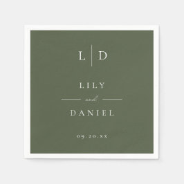 オリーブグリーンのエレガントなミニマル モノグラム ウェディング スタンダードカクテルナプキン