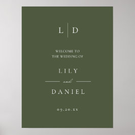 オリーブグリーンのエレガントなモノグラム結婚式ウェルカムサイン ポスター
