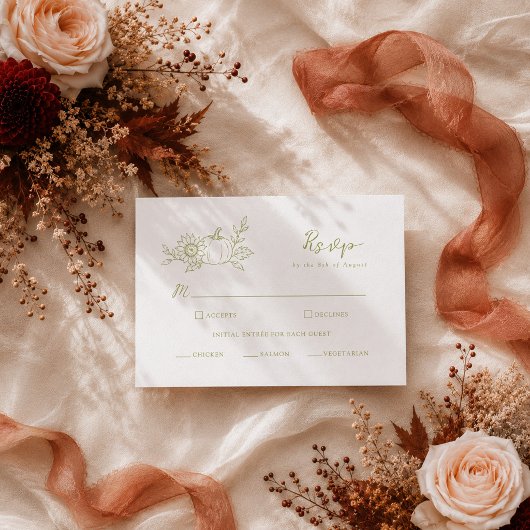 オリーブグリーンのカボチャとひまわりの秋の結婚式RSVP エンクロージャーカード