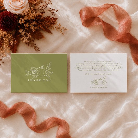 オリーブグリーンのカボチャの秋の結婚式のお礼カード エンクロージャーカード