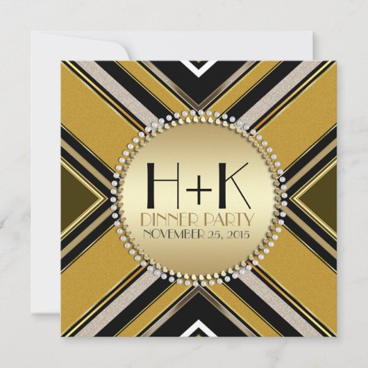 オリーブグリーンのゴールドアートデコダイニングパーティー招待状 招待状 (正面)