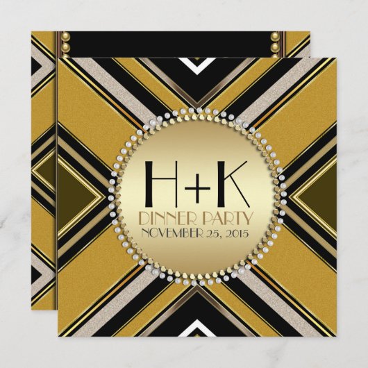 オリーブグリーンのゴールドアートデコディナーパーティー招待状 招待状 (正面/裏面)