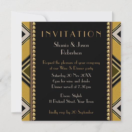 オリーブグリーンのゴールドアートデコディナーパーティー招待状 招待状 (裏面)