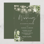 オリーブグリーンのストリングライトと花のモノグラム ウェディング 招待状 (正面/裏面)