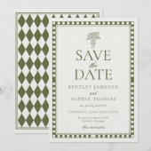 オリーブグリーンのハーレクインチェック柄の結婚式延期通知 招待状 (正面/裏面)