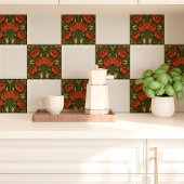 オリーブグリーンのポピー花柄 タイル