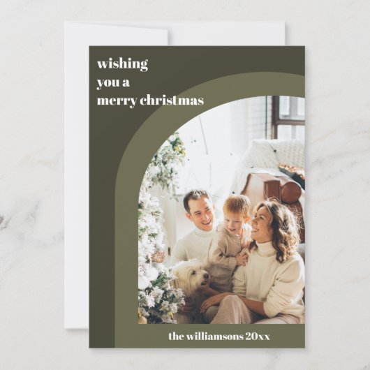 オリーブグリーンのモダンなアーチ型2面縦写真 シーズンカード (正面)