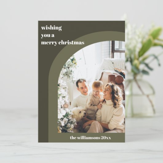 オリーブグリーンのモダンなアーチ型2面縦写真 シーズンカード (スタンド正面)