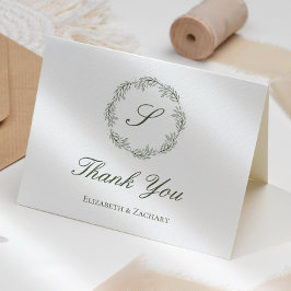 オリーブグリーンのモノグラムリースの結婚式のお礼 カード