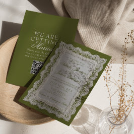 オリーブグリーンのレースの古いお金 ドイリーQRコード ウェディング 招待状