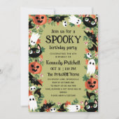 オリーブグリーンの不気味なハロウィンの子供の誕生日パーティー 招待状 (正面)