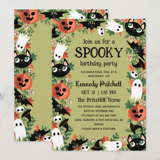 オリーブグリーンの不気味なハロウィンの子供の誕生日パーティー 招待状 (正面/裏面)