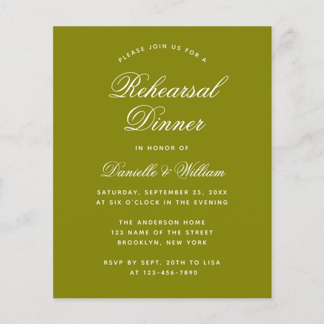 オリーブグリーンの予算リハーサルディナー招待状 (正面)