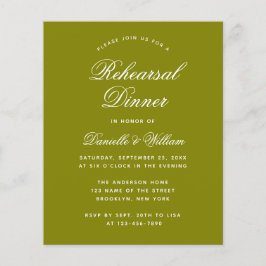 オリーブグリーンの予算リハーサルディナー招待状