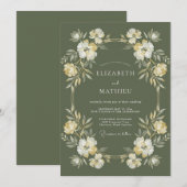 オリーブグリーンの格式高い植物の結婚式 招待状 (正面/裏面)