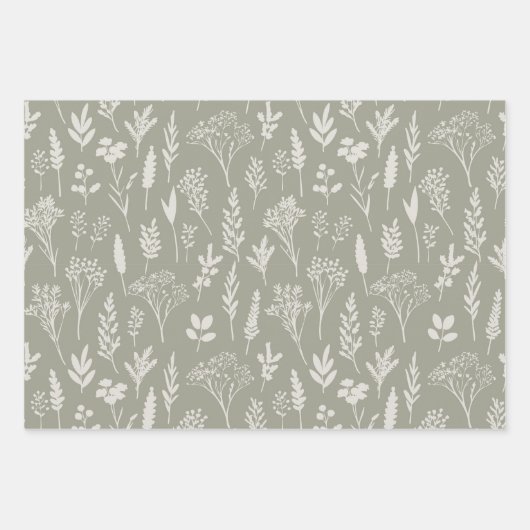 オリーブグリーンの植物とハーブのパターンフローラギフト ラッピングペーパーシート (正面)