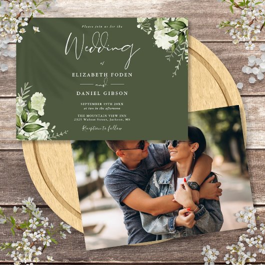 オリーブグリーンの植物グリーン写真の結婚式 招待状