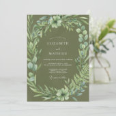 オリーブグリーンの植物リースの結婚式 招待状 (スタンド正面)